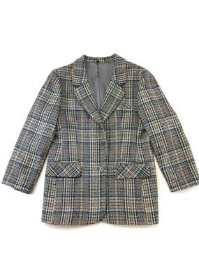 Vintage 80s checked women’s blazer Size 12Petite wool blend lined multicoloured